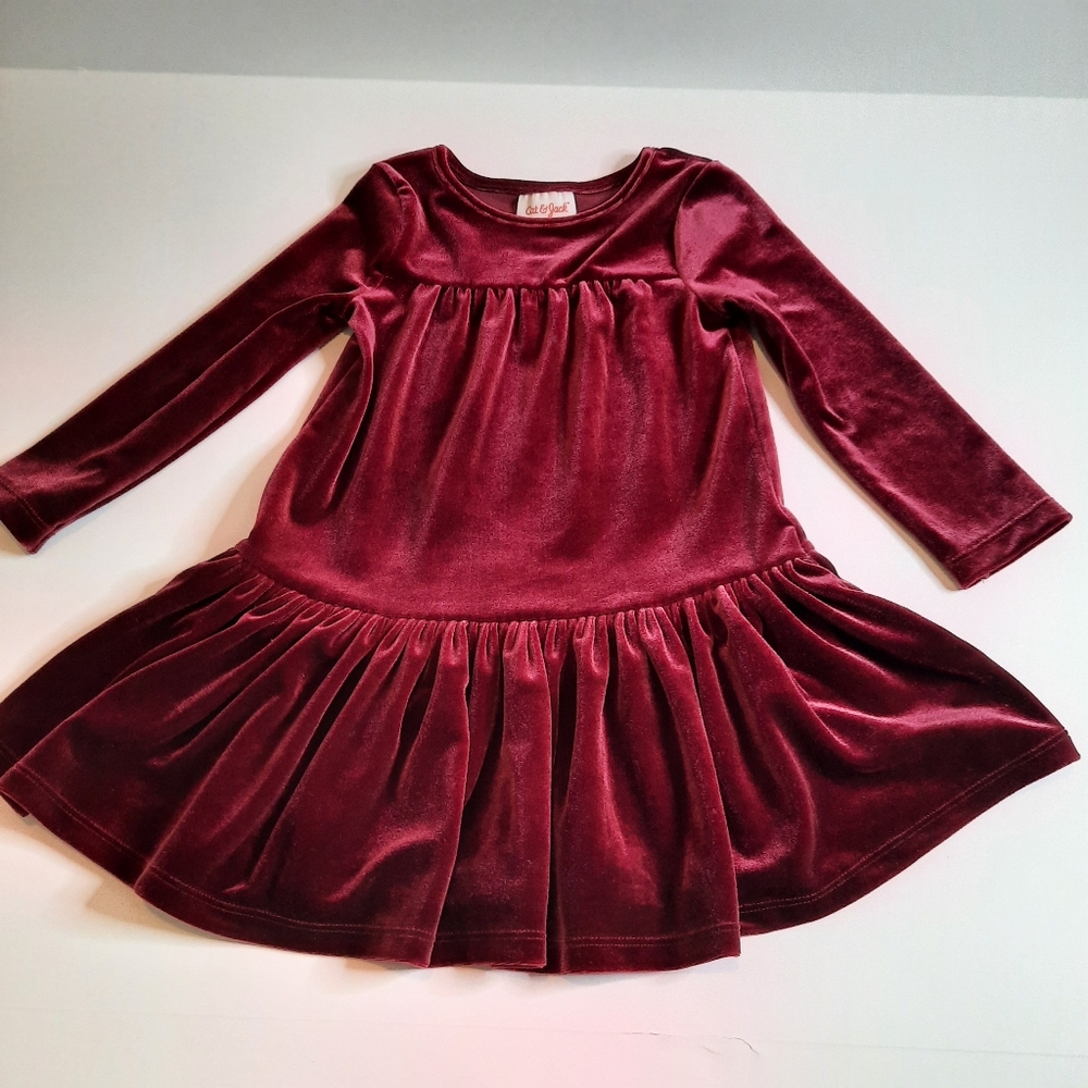 💗Cat & Jack, Girl Velvet Dress, Size: 2T, Color Red wine / burgundy.